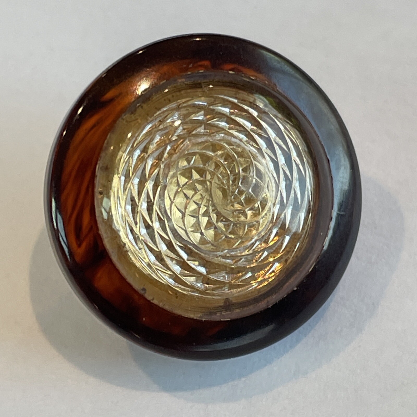 7/8” Vintage Tortoise Bakelite Foil Backed Lucite Center Metal Shank