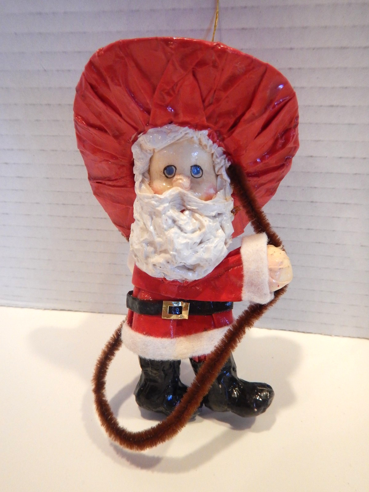 Vintage Paper Papier Mache Santa Cowboy With Lasso Christmas Ornament