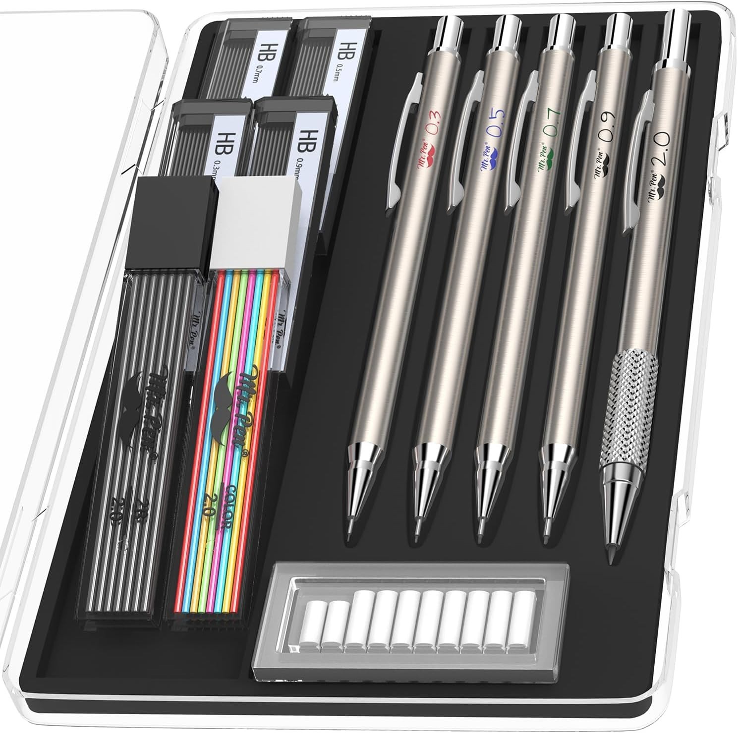 – Metal Mechanical Pencil Set with Lead and Eraser Refills, 5 Sizes