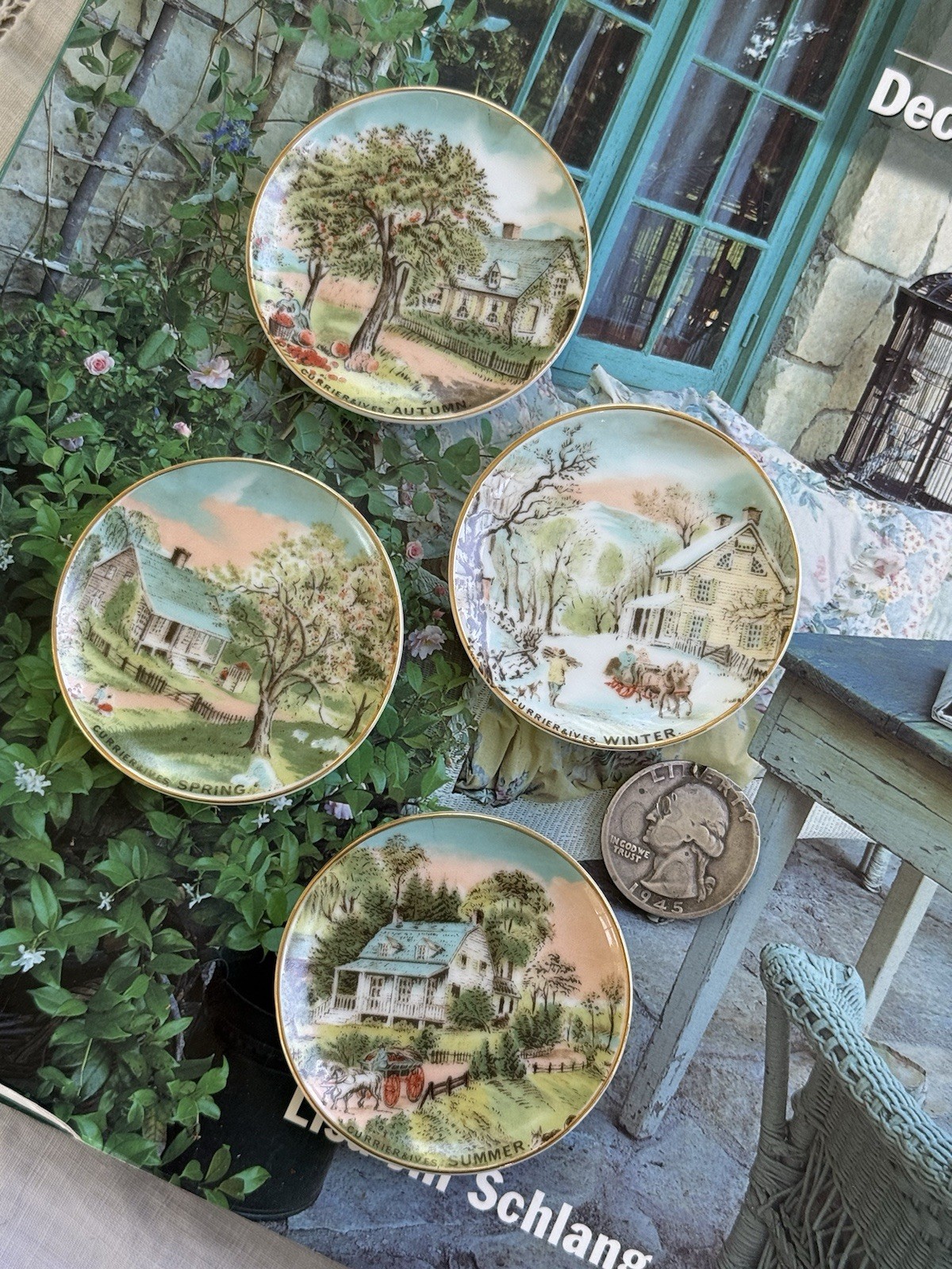 Vintag Set 4 Mini Plates Porcelain Pastel Colors Spring Summer Winter Fall Japan