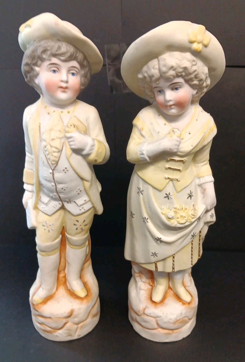 Antique Germany Bisque Porcelain Figurines Yellow 10.5 Inch High