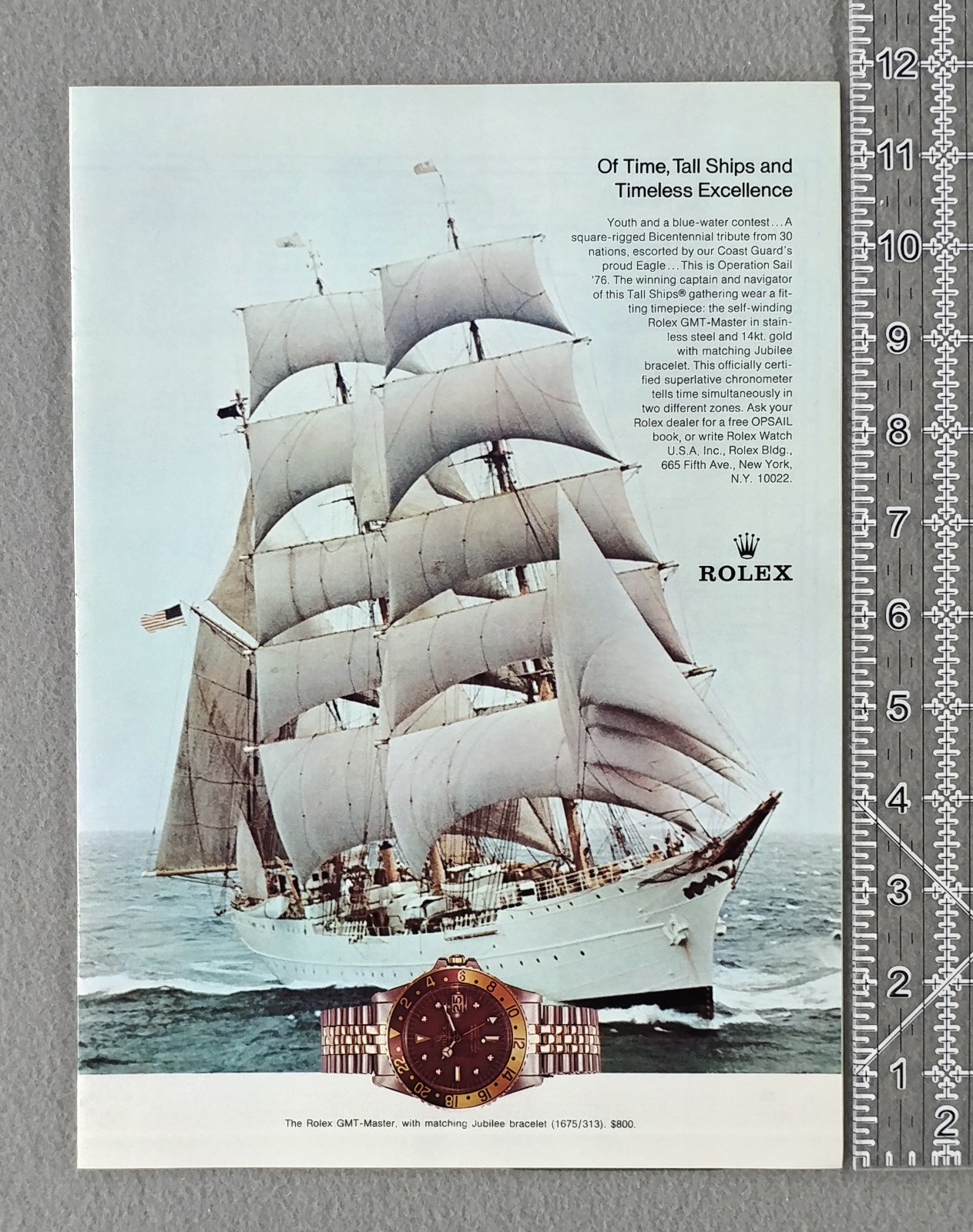 1976 Rolex GMT MASTER w/ JUBILEE BRACELET Ref 1675 Watch Clipper Ship Vintage Ad