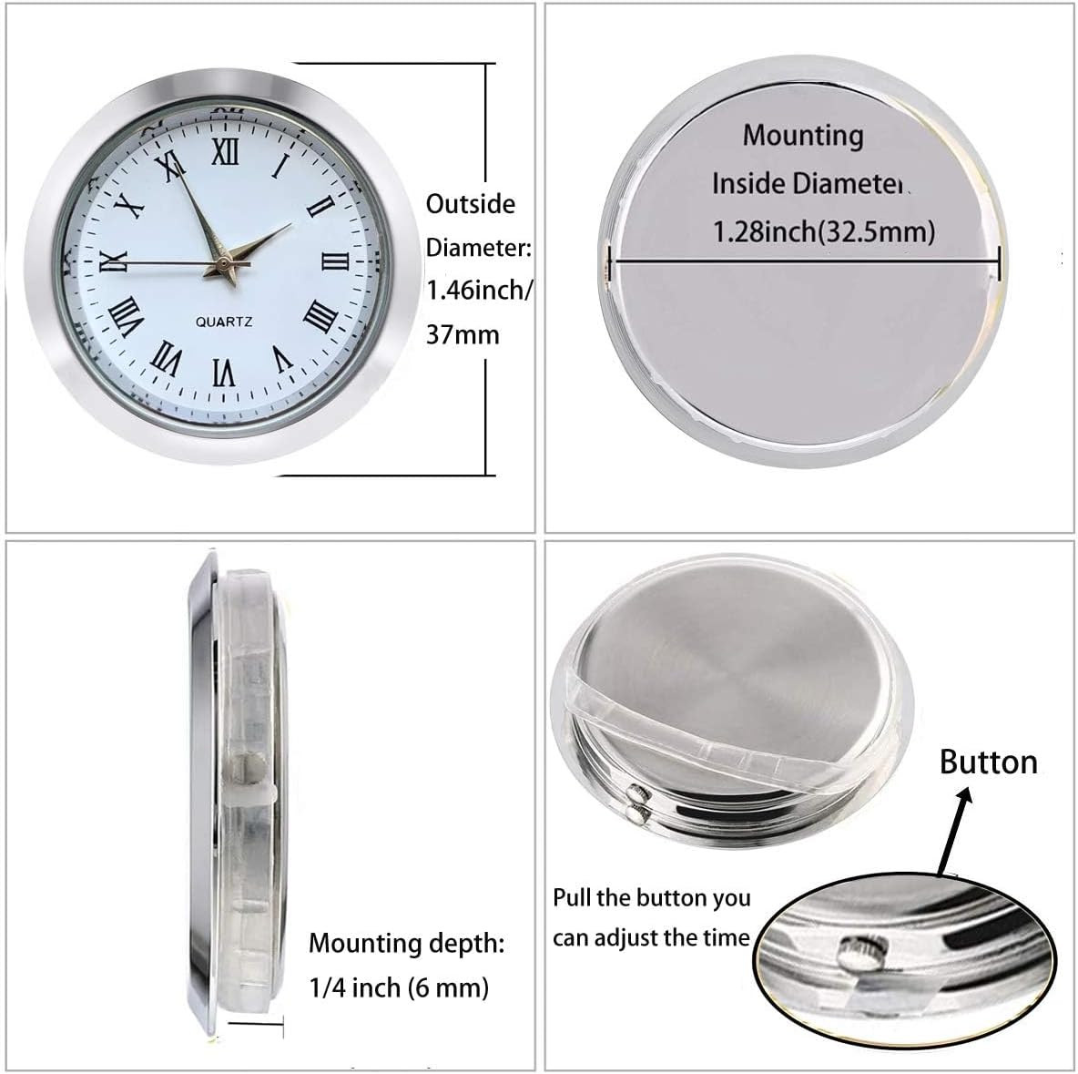 Mini Clock Insert 1.5 Inch round Quartz Movement White Face Silver Bezel Roman N