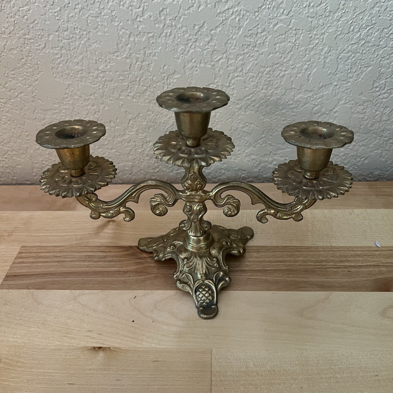 Vintage Brass 3 Arm Candelabra Intricate Scroll 8 Inches X 5 Inches