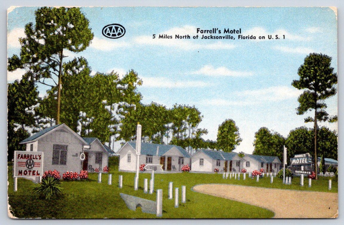 Vintage Florida Postcard JACKSONVILLE Farrells Motel Dinsmore 1940s