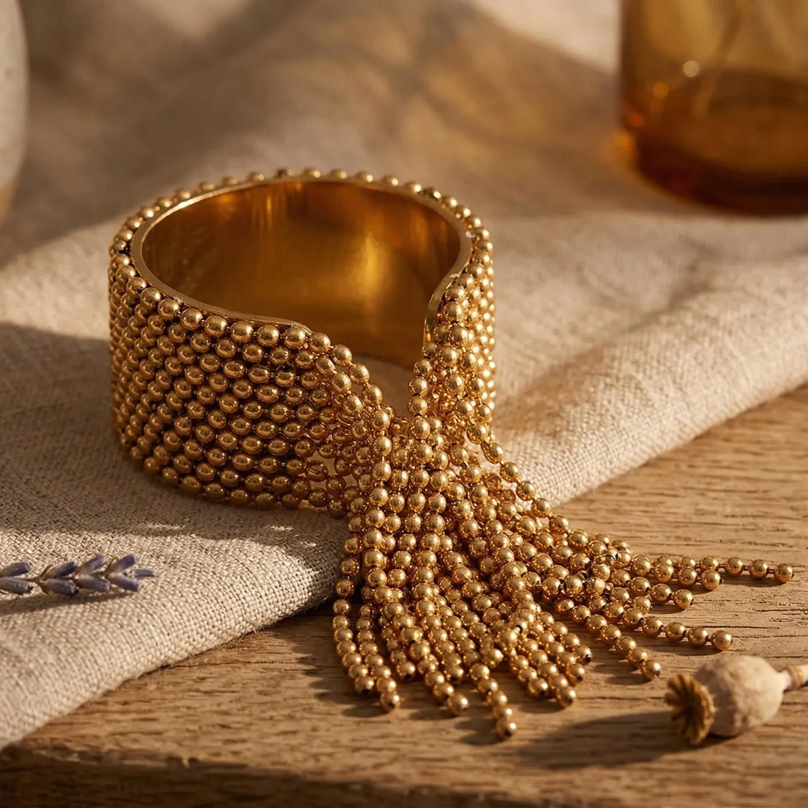 18K Yellow Gold Over Tassel Statement Beaded Fringe Cocktail Ring For Women’s