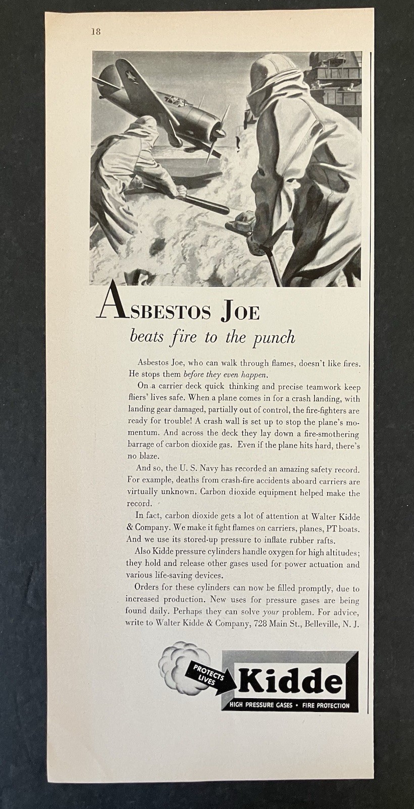 1943 Kidde High Pressure Gases Asbestos Joe Beats Fire Plane Vintage Print Ad