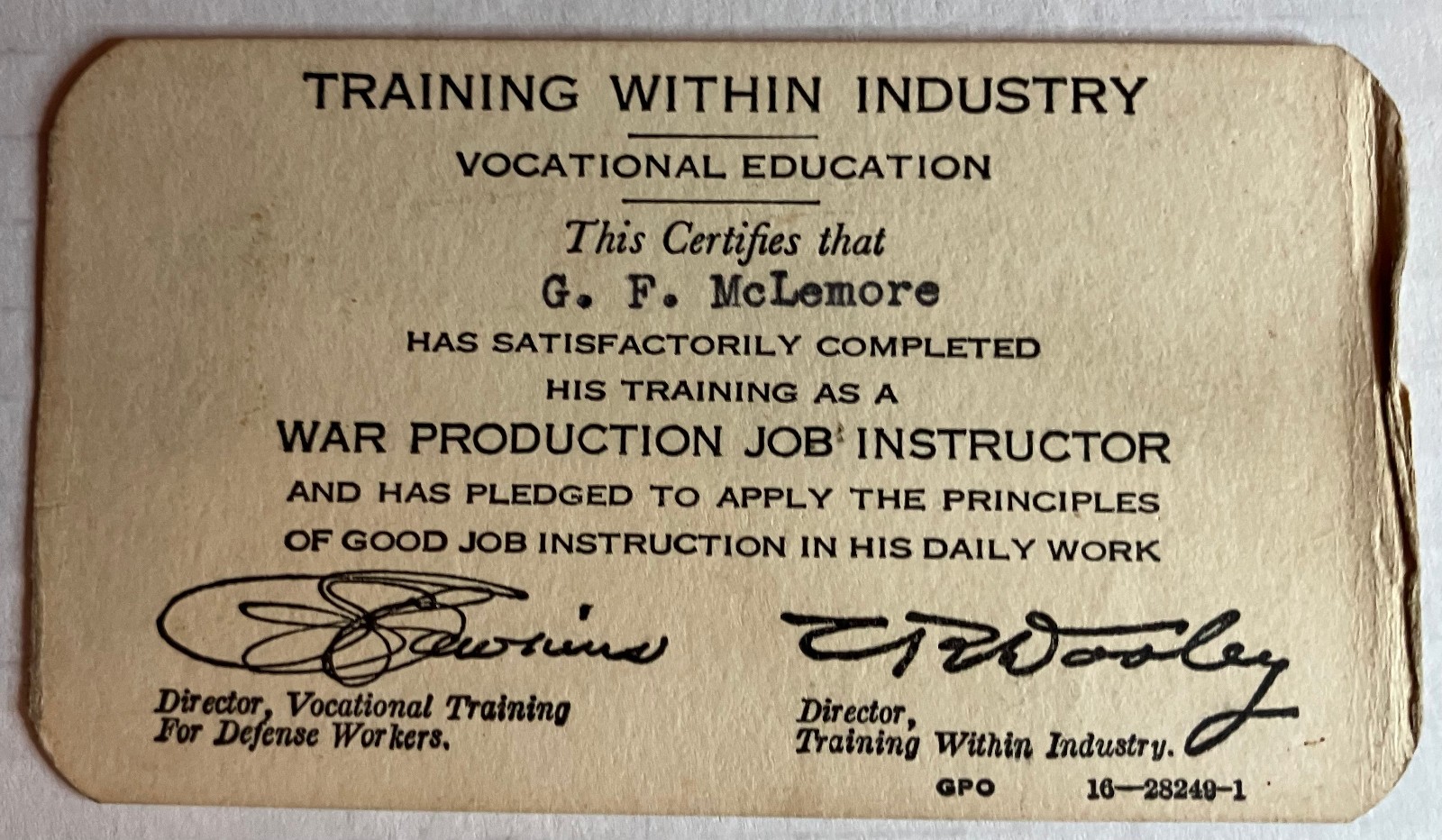 War Production Job Instructor Vocational Education Certification Card WWII-era