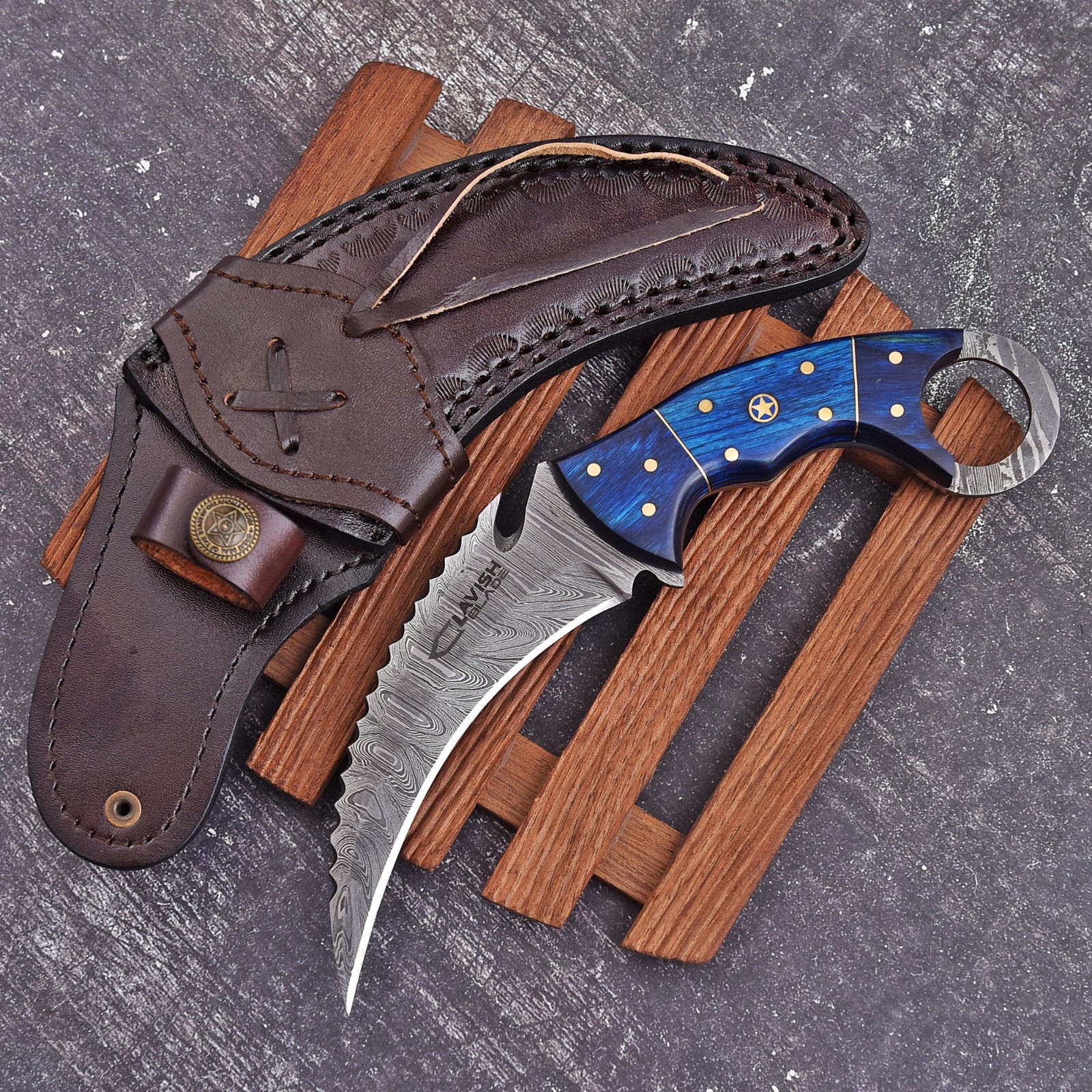 Handcrafted Damascus Karambit Knife Blue Wood EDC Hunting Survival Custom Sheath