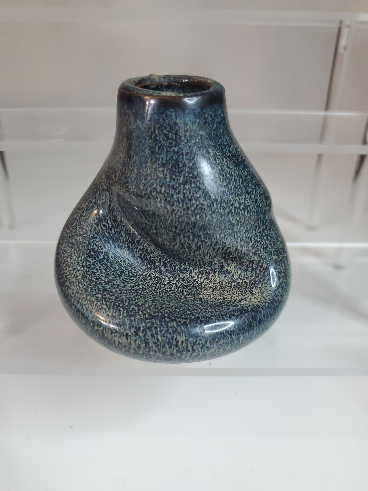Vintage Hand Made Indented Pottery Blue/Black Hues Asymmetrical Vase, 3″ X 3″