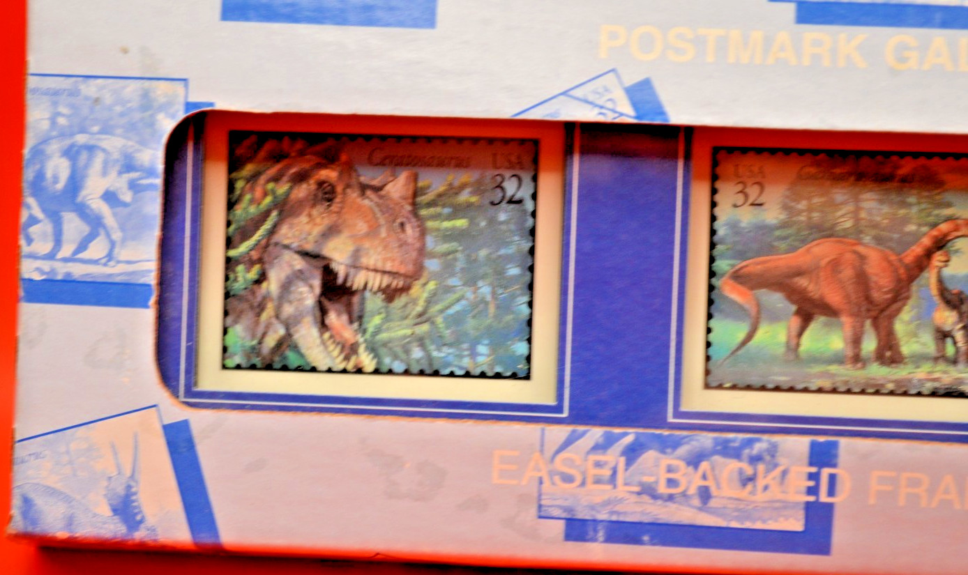 Dinosaur USPS Stamps Postmark Gallery Easel Framed Decor USPS Dino Bookmarks