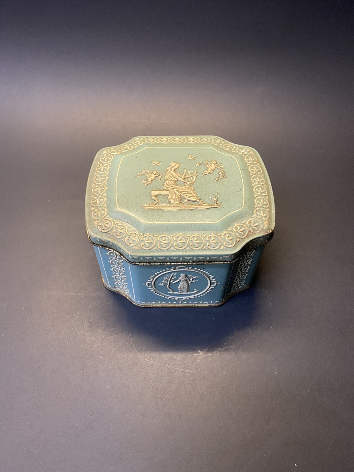 Vintage 1950s Baby Blue & White Ornate Decorative Cookie Candy Coffee Tin Box
