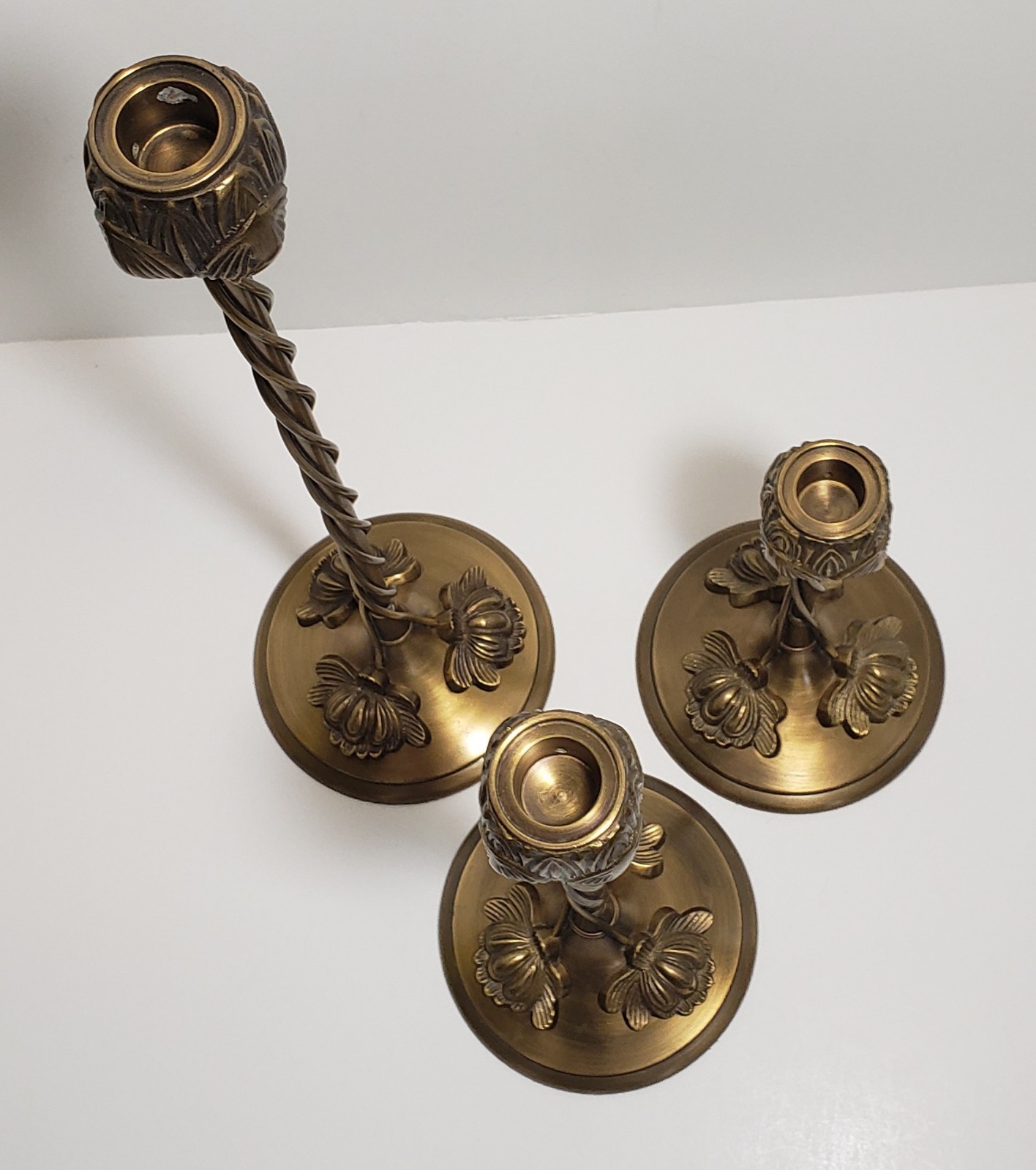 (3) Global Views Metal Candlestick Holders Art Nouveau Lotus Bud, Vine & Leaf