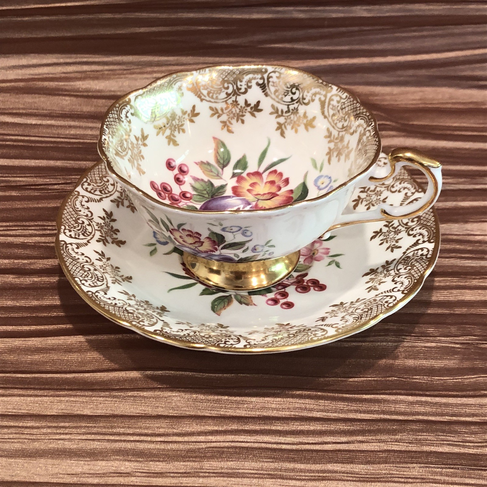 Vintage Paragon Teacup and Saucer Flowers and Fruit Gold Plums Berries