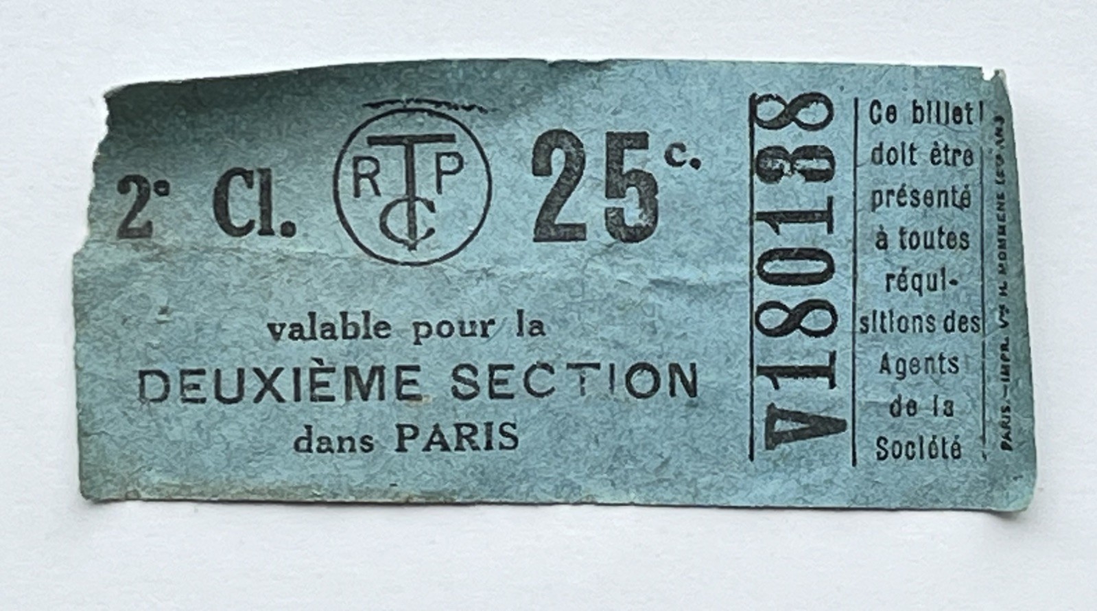 Pre-1940’s FRENCH TRAM TICKET~ Paris Tramway ~ 2nd Class ~Vintage 20th Century