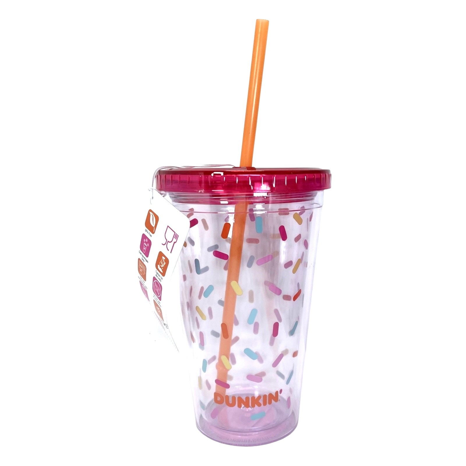 Dunkin Donuts Sprinkles Acrylic Sipper Cold Cup Tumbler 16 oz