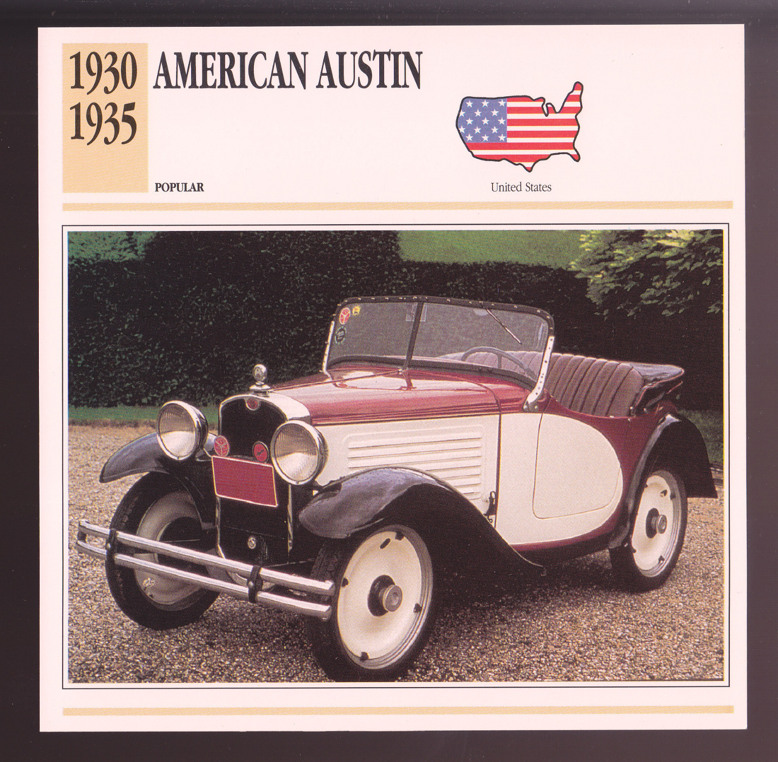 1930-1935 American Austin Car Photo Spec Sheet Info CARD 1931 1932 1933 1934