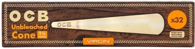 OCB Virgin Unbleached Organic Cones – 1 1/4 Size (84mm) – 32 Cones