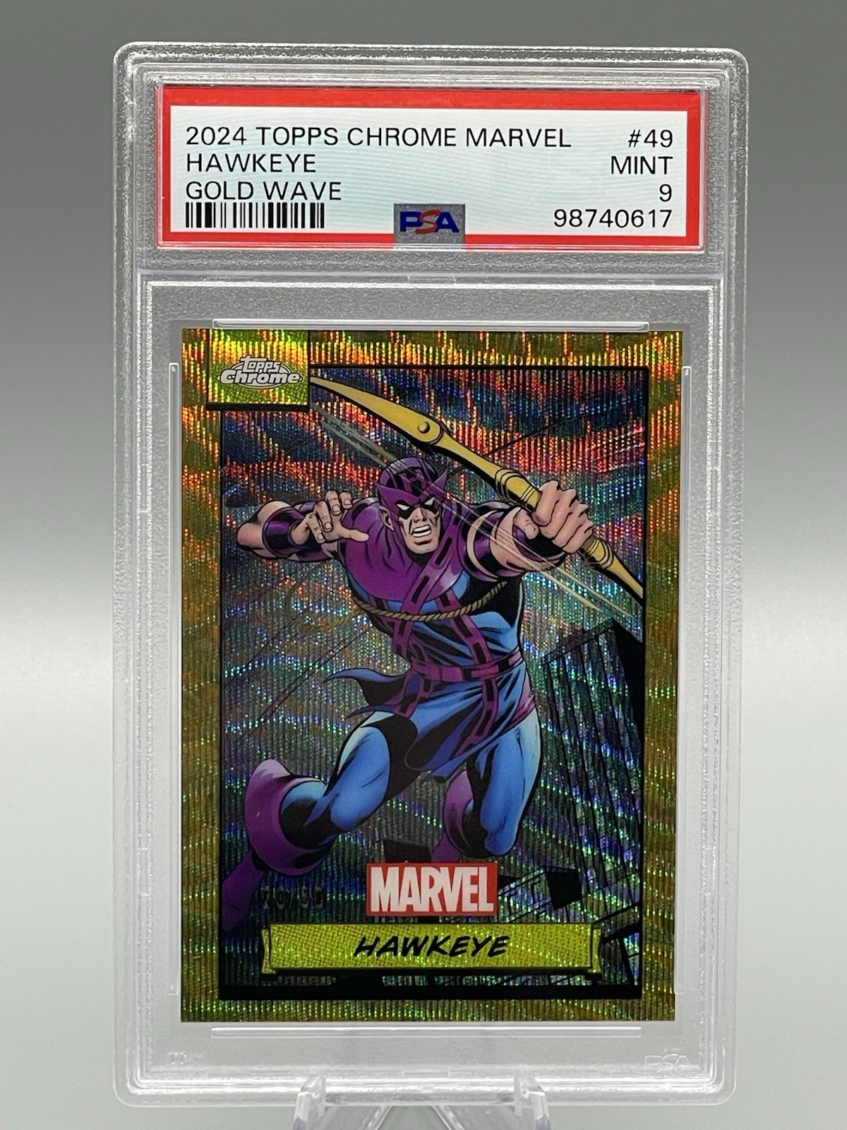 2024 Topps Chrome Marvel Hawkeye #49 Gold Wave Refractor 20/50 PSA 9