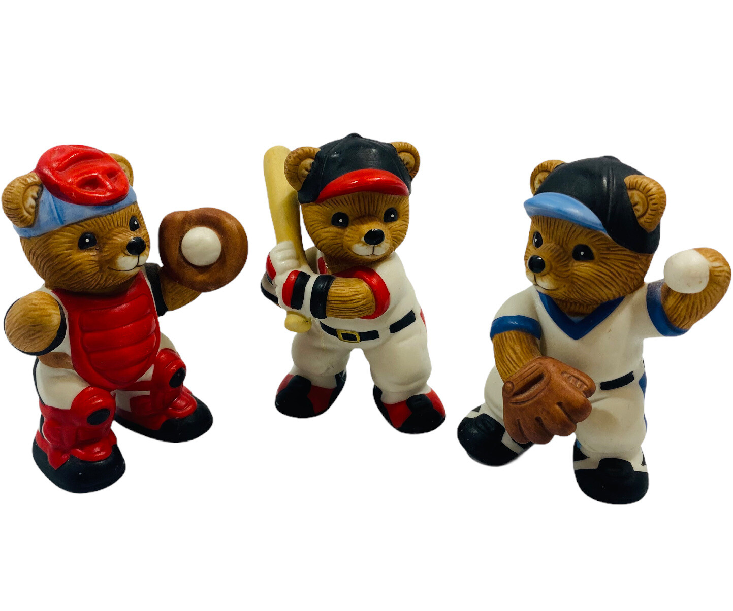 Homco Teddy Bears 3” Porcelain Figurines Catcher Pitcher Hitter Set Of 3 #1403