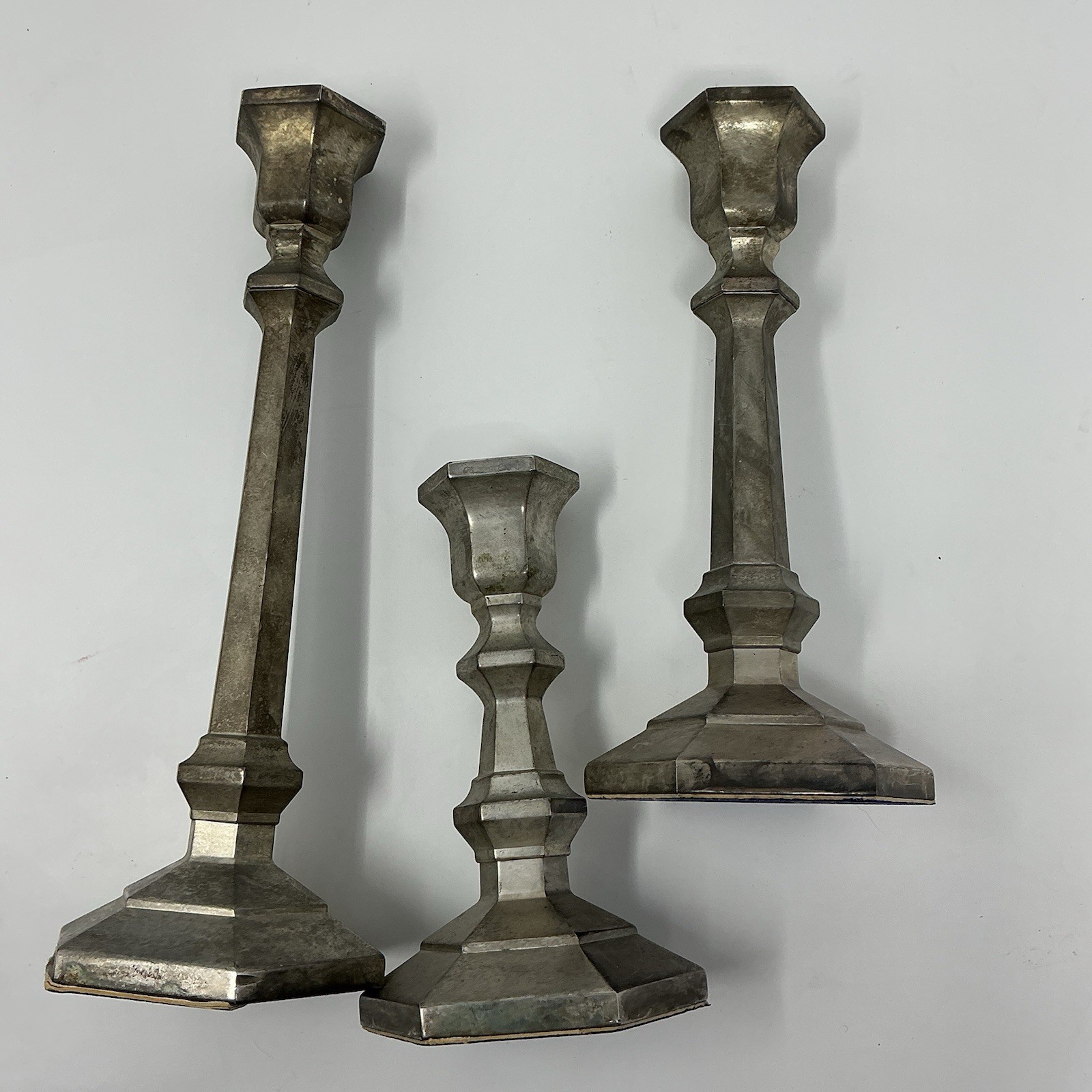 Geometric Silver EP Candlesticks Set Of 3 Modern Hollywood Regency Zinc Alloy