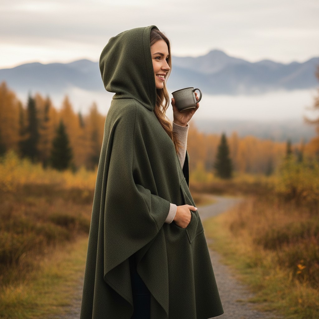 Traditional Army Surplus 75% Wool Green Hooded Blanket Poncho