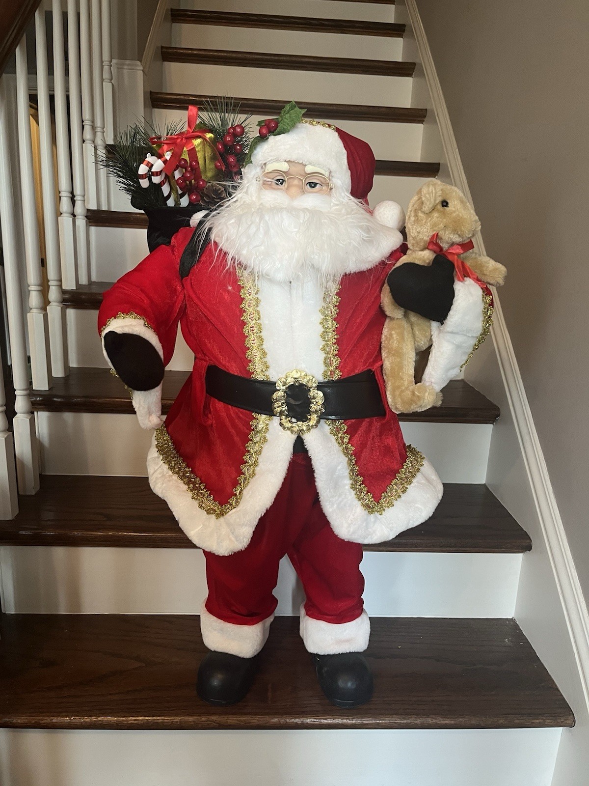 Santa Claus Large 3′ Tall Standing Holding Teddy Bear and Gift Bag Candy Canes