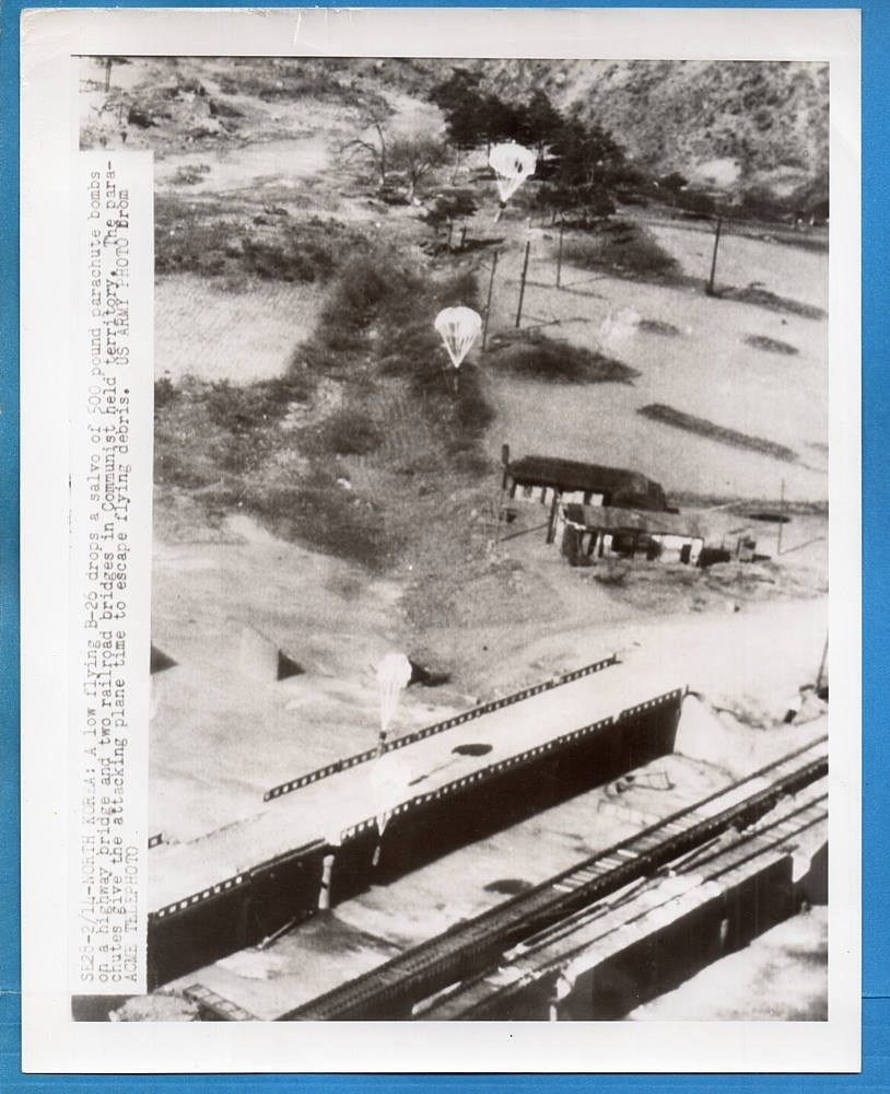 1950-53 Korea USAF B-26 Invader Drops Parachute Bombs Original Press Telephoto