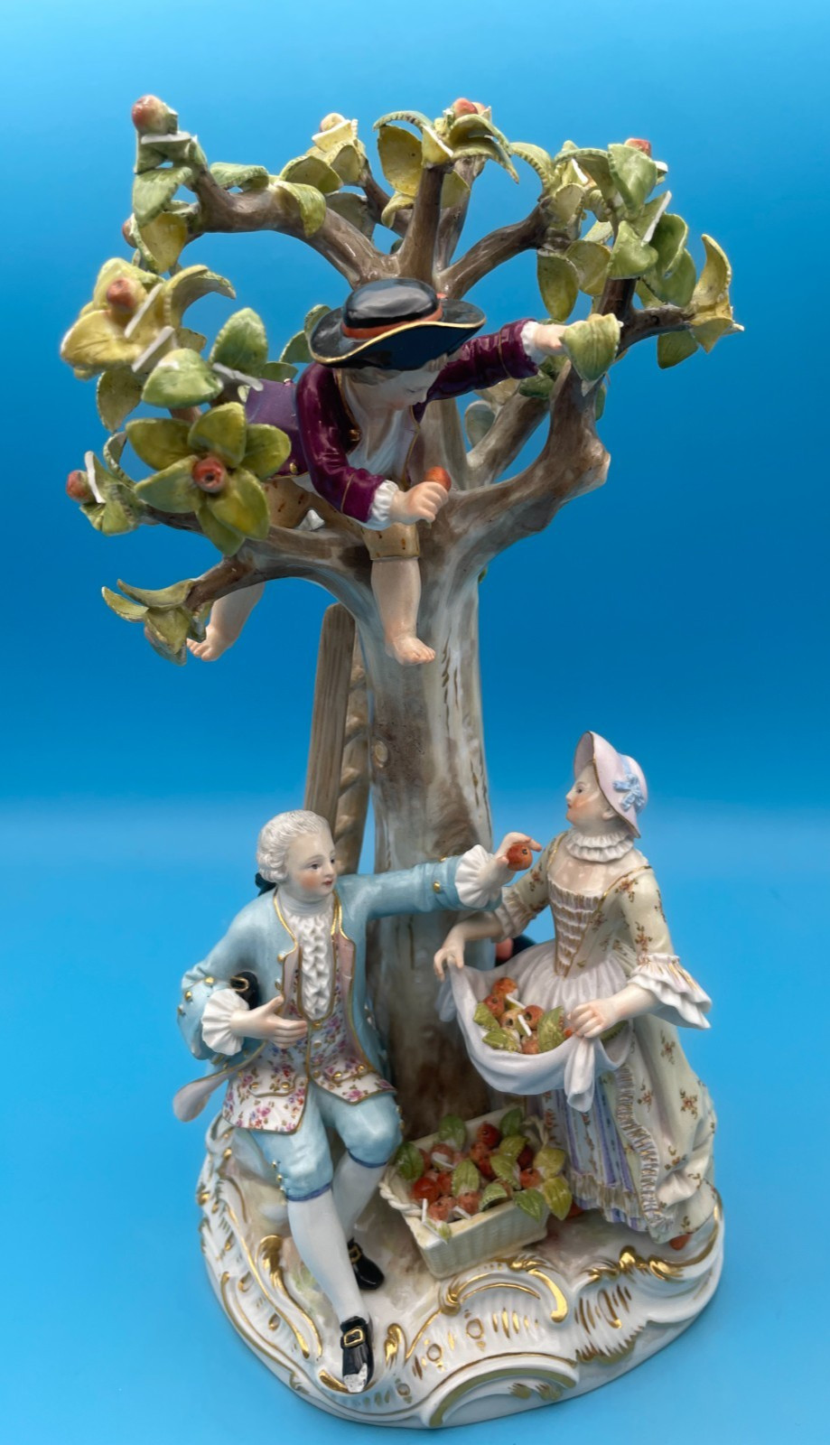 Beautiful Meissen Germany Cross Swords Family Collecting Apples From a Tree
