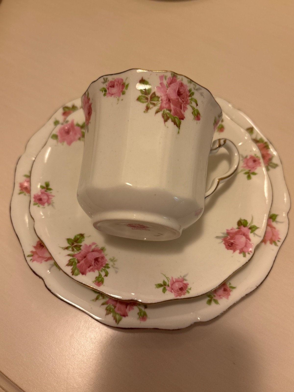 Vintage Pink Roses Teacup and Saucer and Plate Set