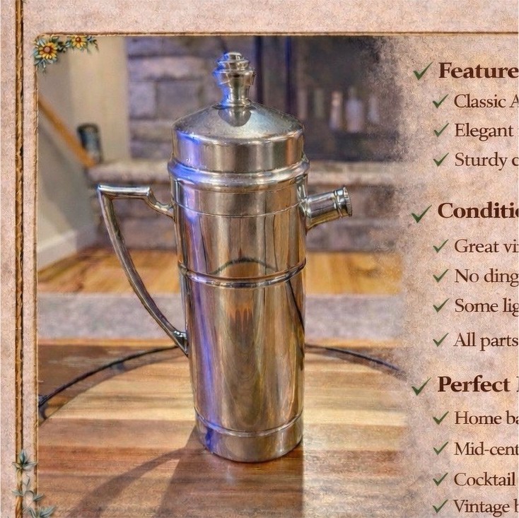 Art Deco Silver Cocktail Shaker, 11in Tall, Curved Handle, 1920-1949 Original