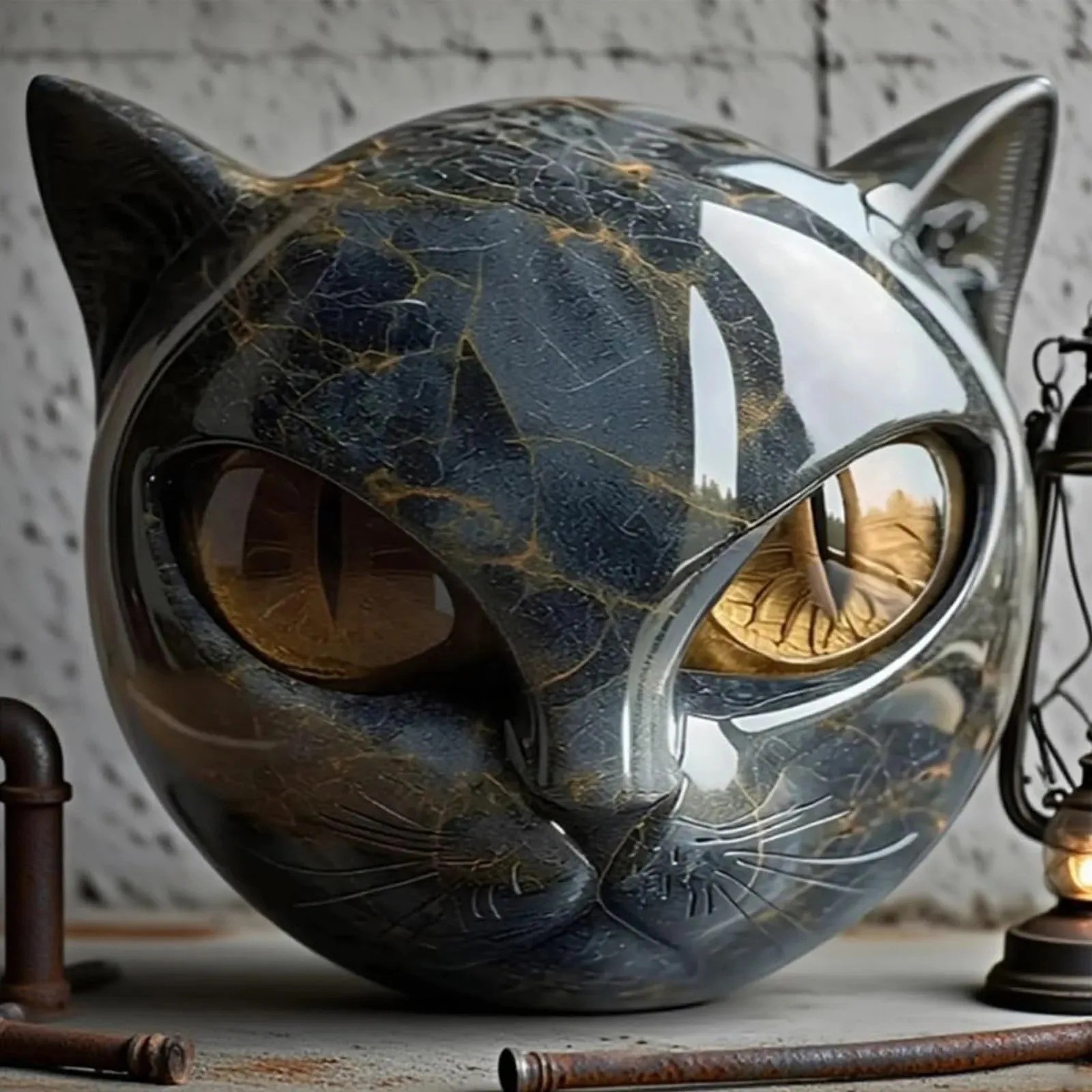 Black Cat Stone Figurine Resin Cat Head Marble Texture Healing Crystal Desk Deco