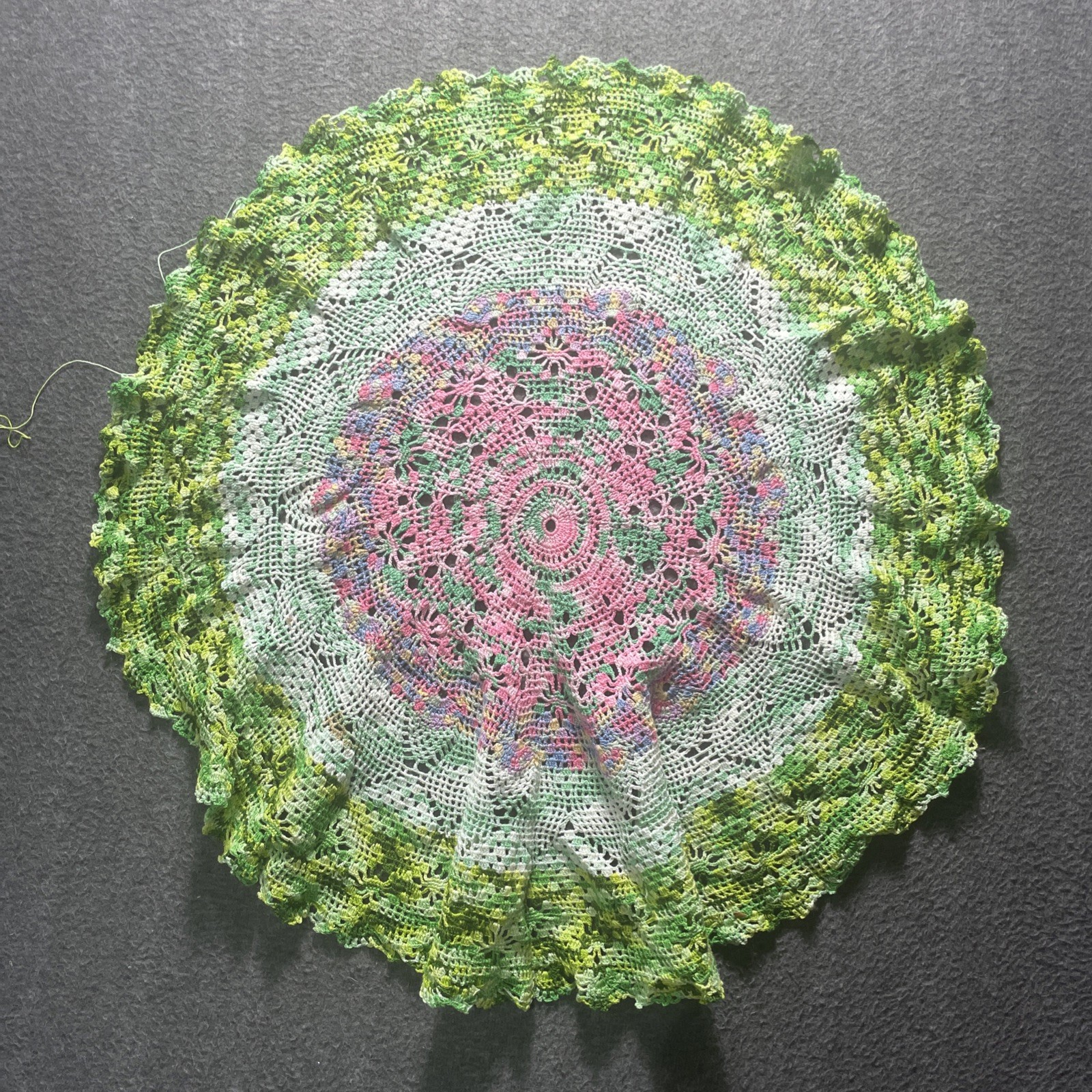 Vintage 26″ Handmade Pastel Crochet Doily – Extra‑Large Round Lace Table Topper