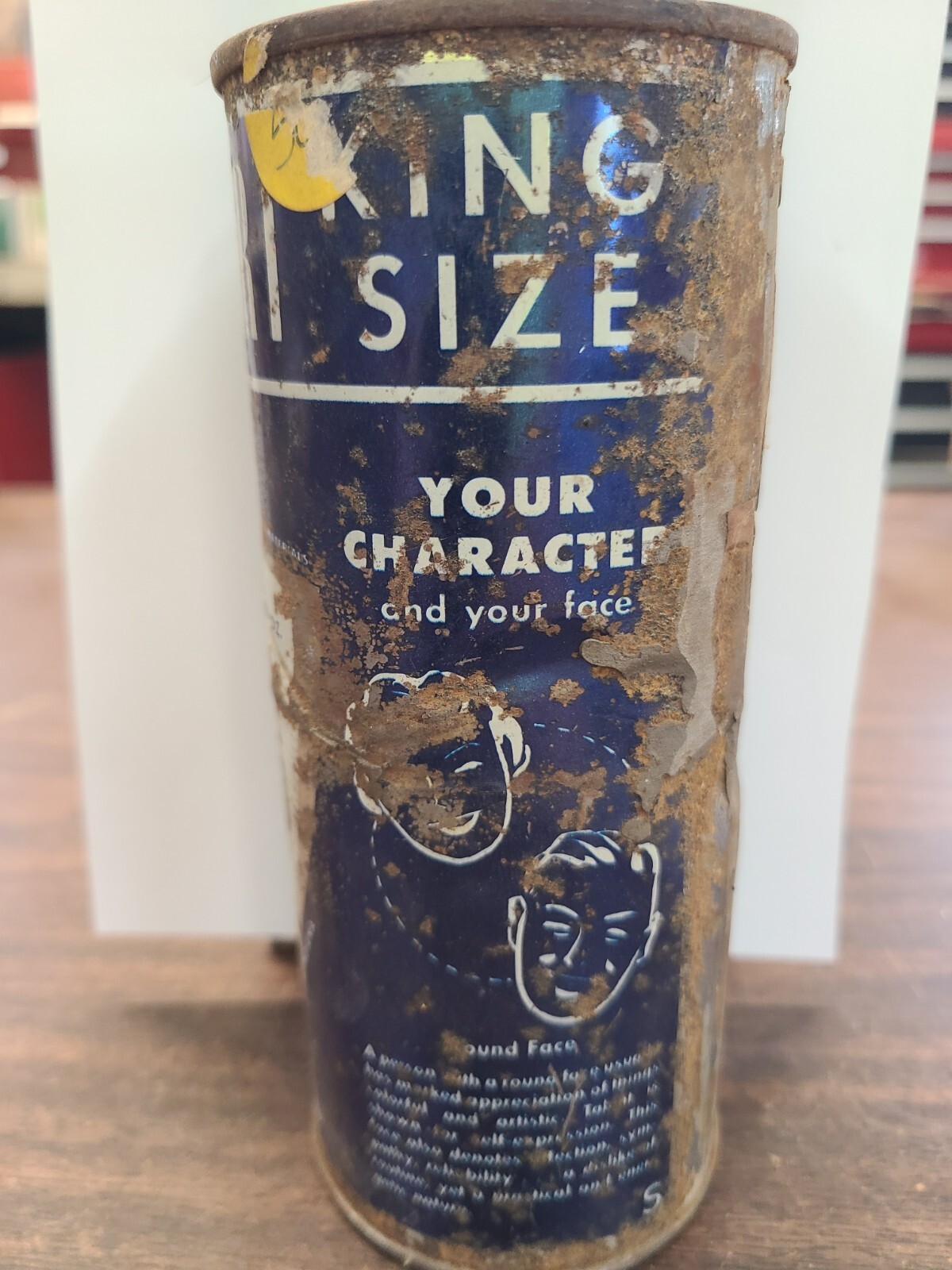 DREWRYS 16 OZ. BLUE Character (Round-Square Face) FLAT TOP BEER CAN super tough