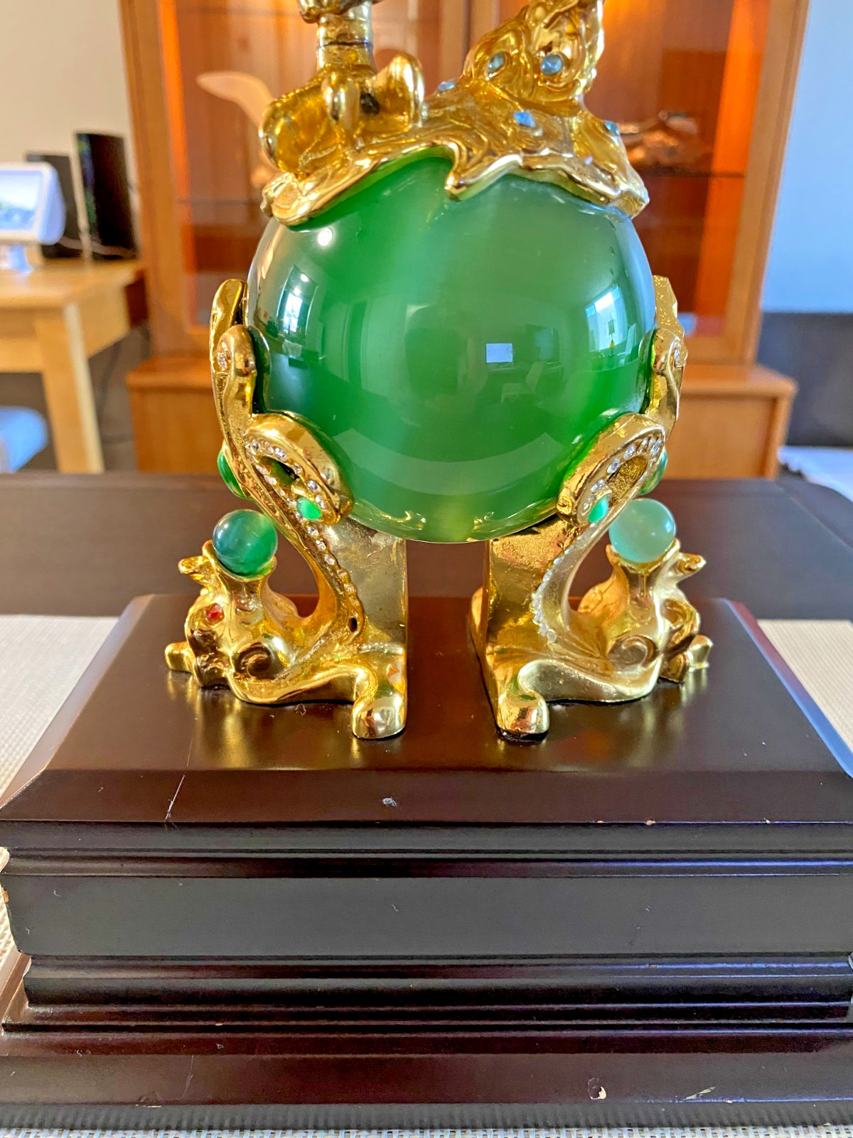 Gold Eagle Statue Exquisite with Rhinestones on Green Tiger’s Eye* Orb 16″ Tall