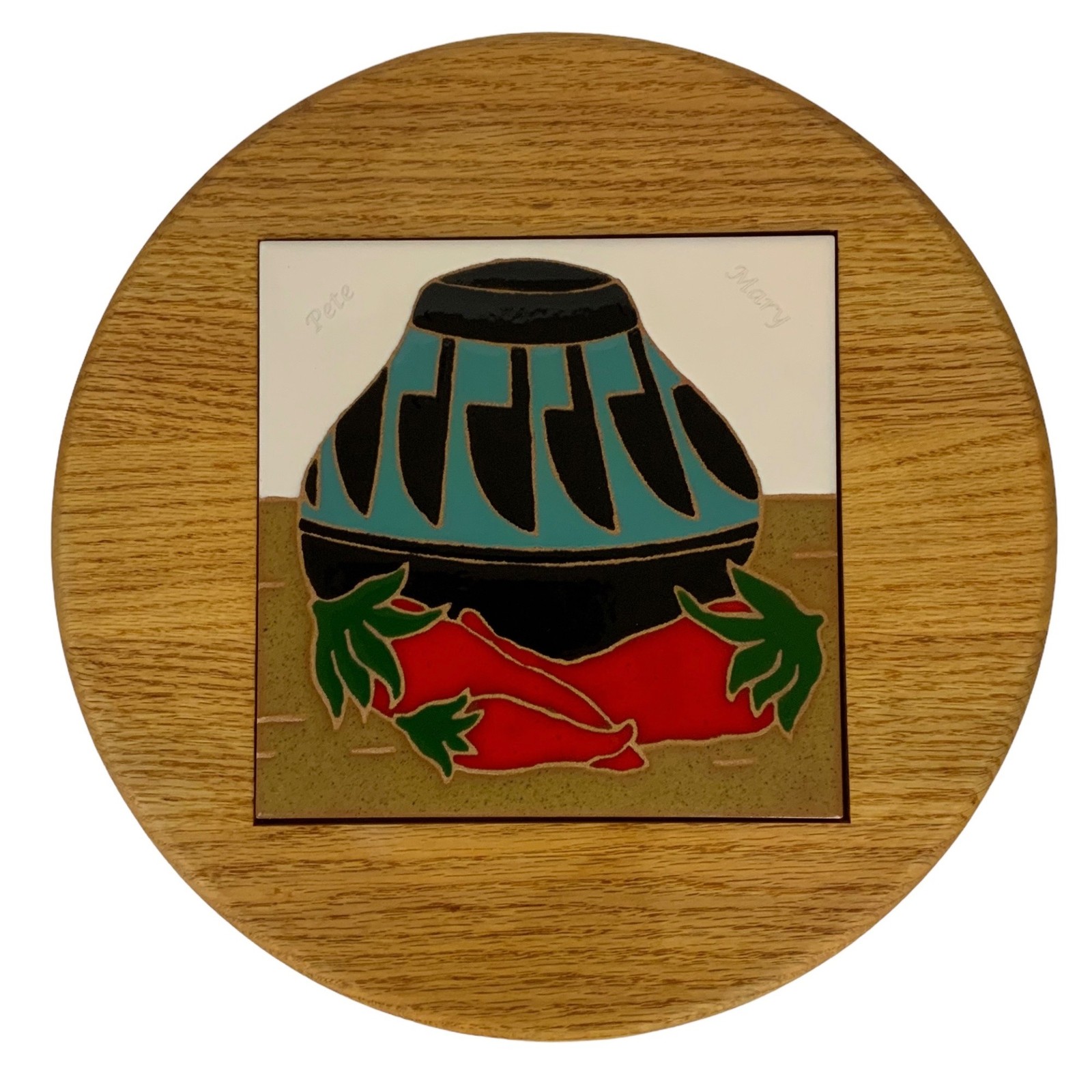 Handcrafted Wooden Lazy Susan Ceramic Chili Pepper Tecolote Tiles New Mexico