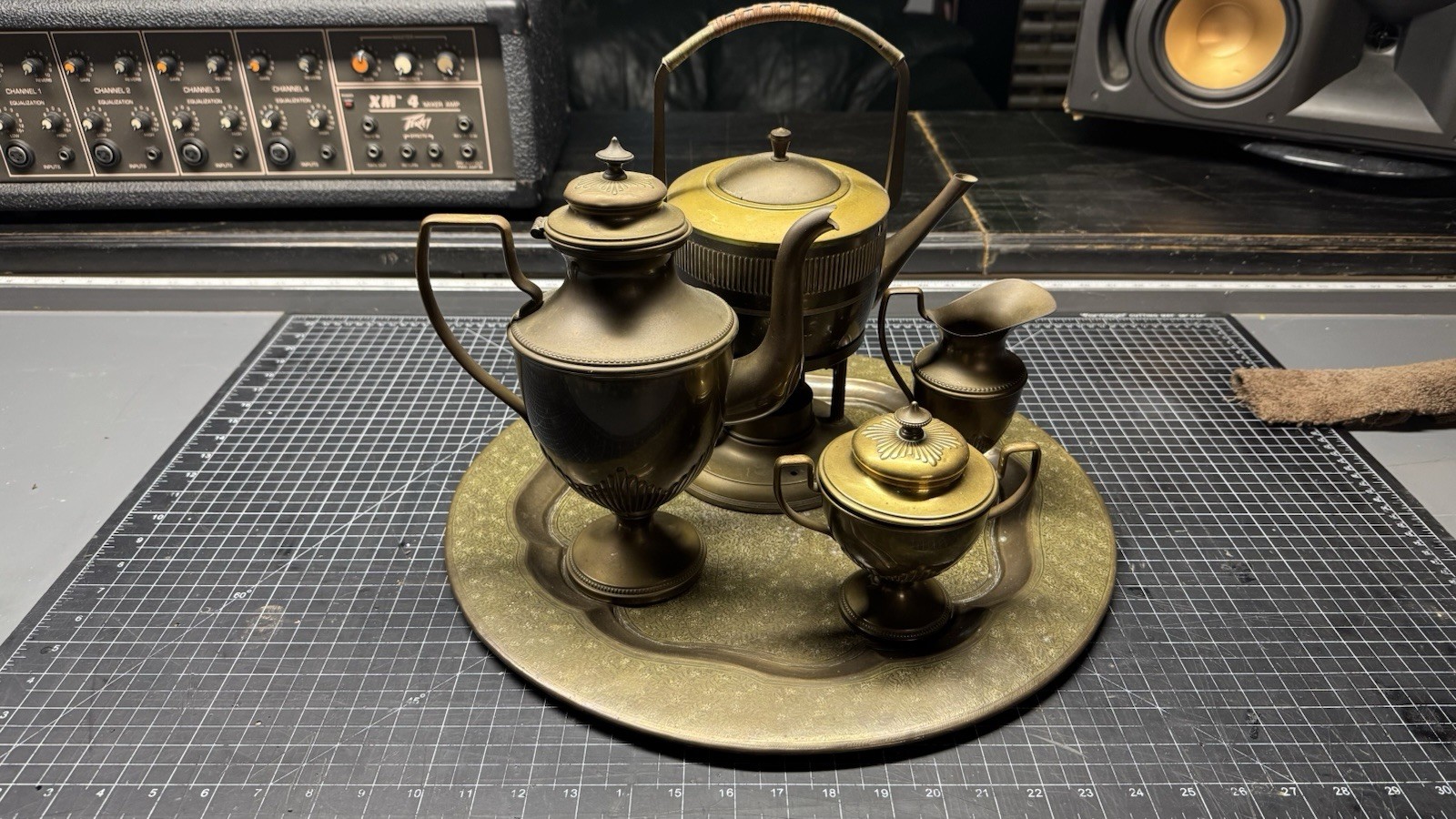 Antique Brass Art Deco Kettle,pot,cream @ Sugar Set