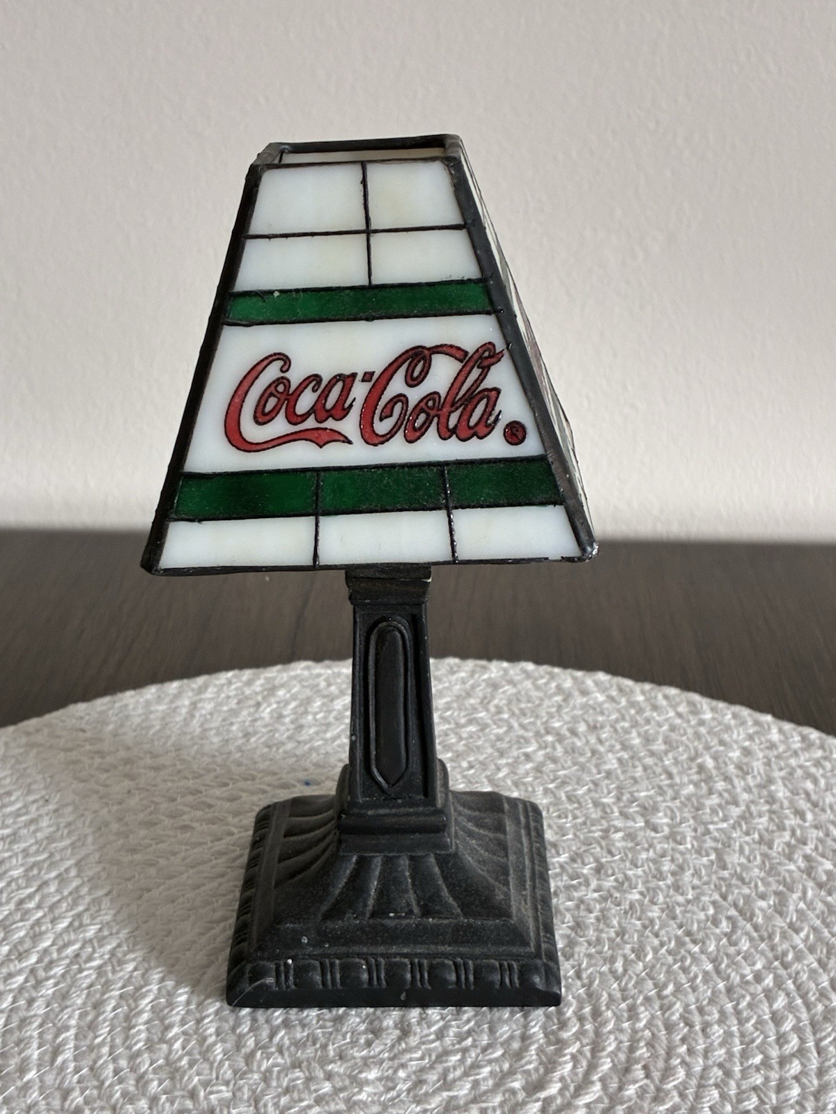 Coca-Cola Soda Theme Table Lamp Stained Glass Style Shade, Black Base
