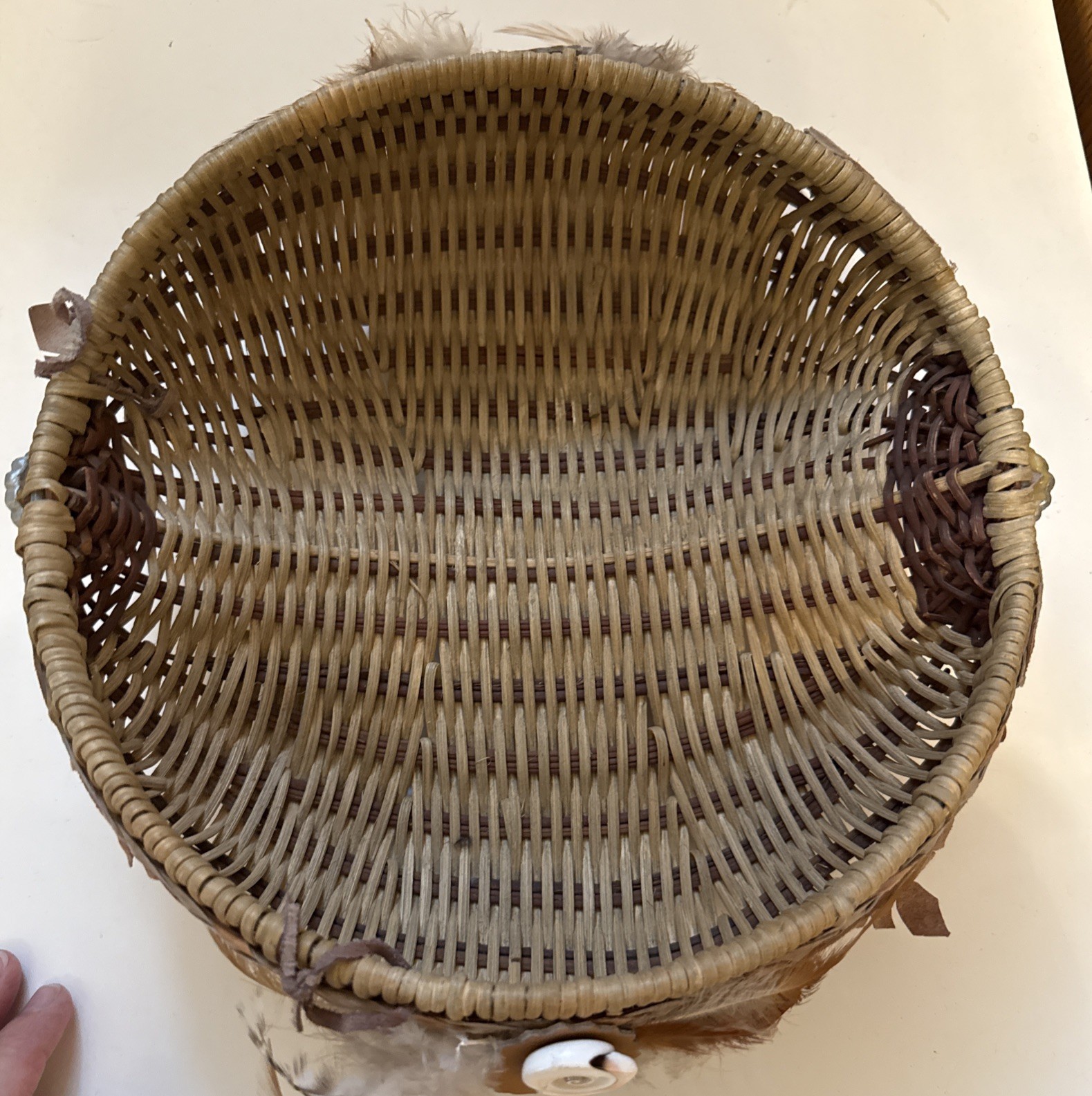 Handwoven Buttocks Basket Wicker Leather Feather Concho Rustic Southwest Decor