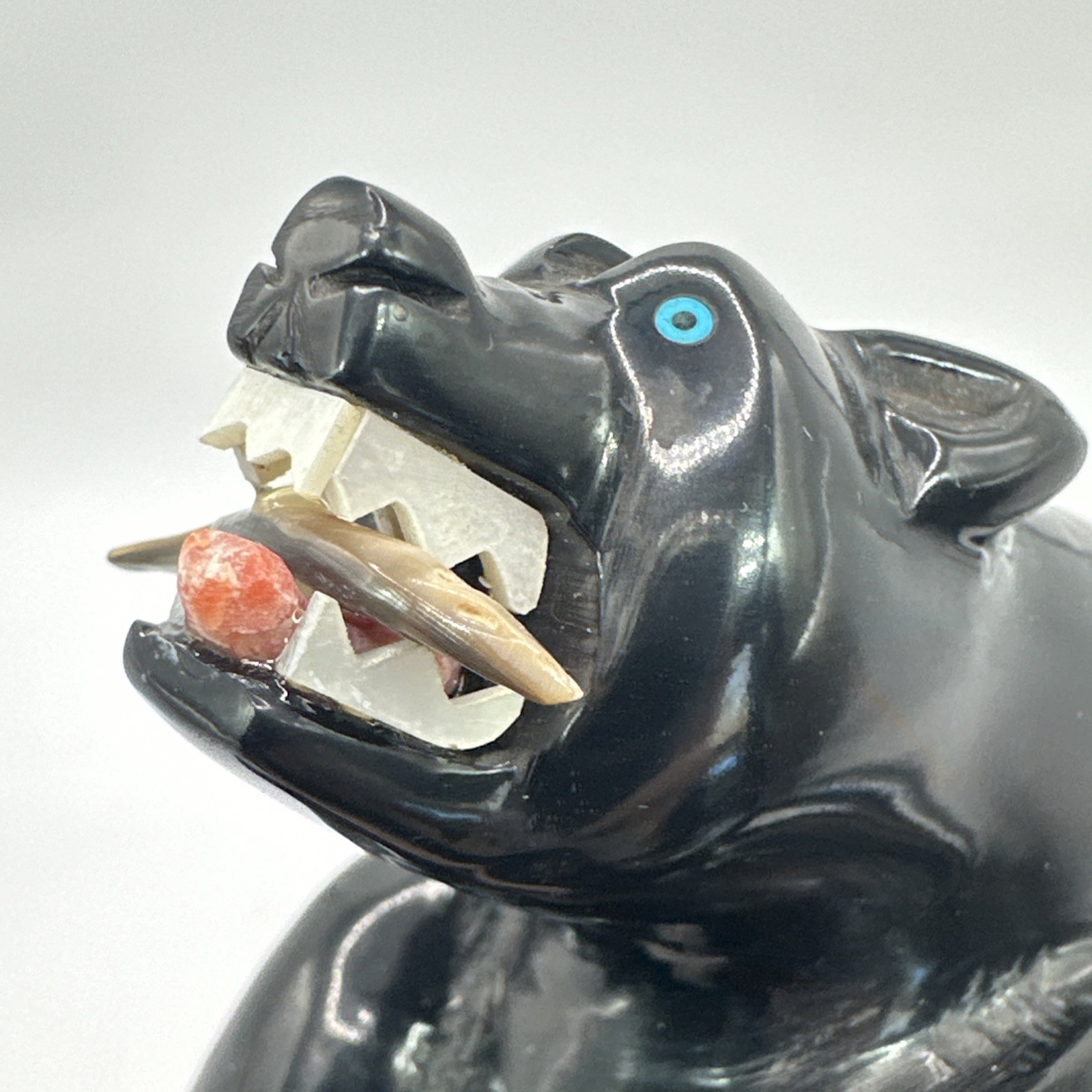 Herbert Davis Large Jet Black Bear Carved Fetish MOP Fish 3.25″ x 5″ Navajo