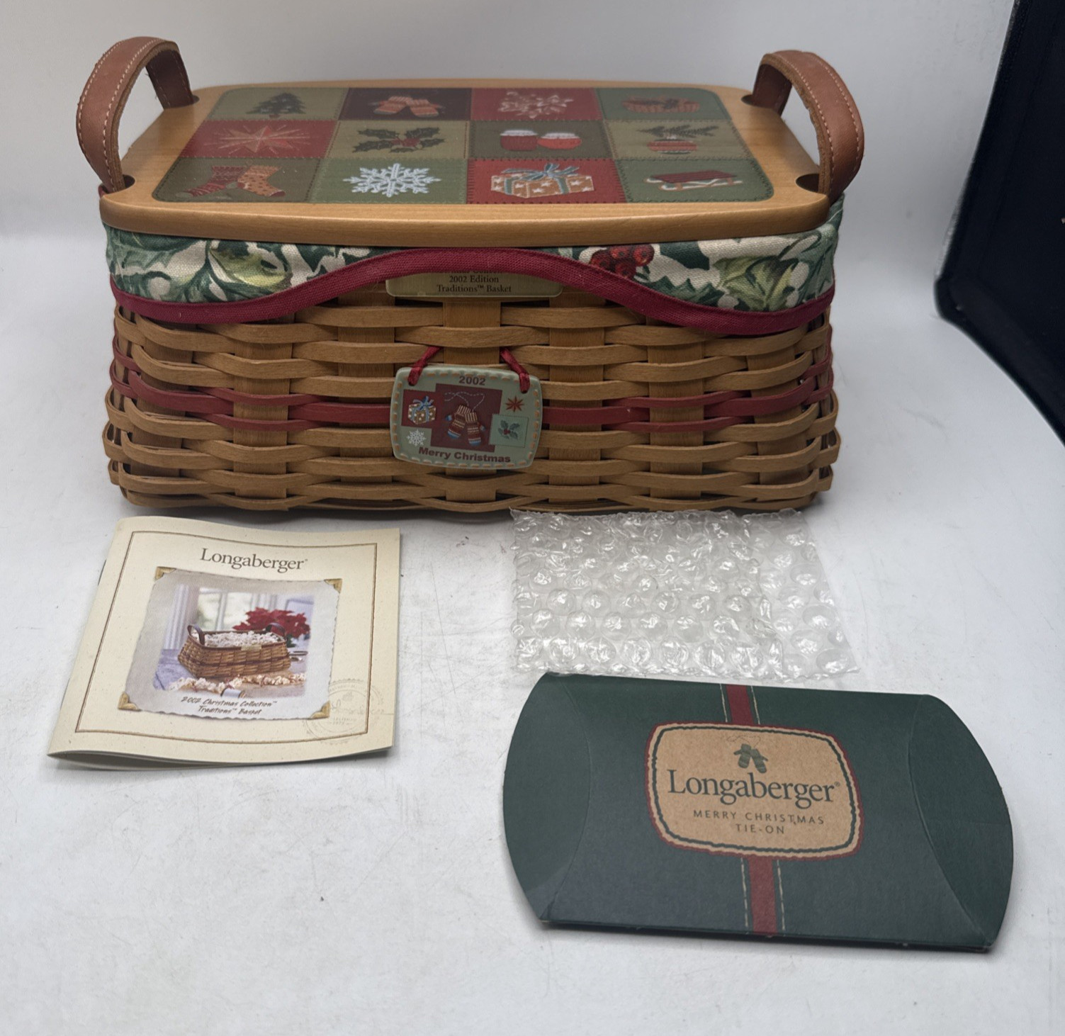 Longaberger 2002 Christmas Traditions Basket, Wooden Lid, Protector w/ Dowel