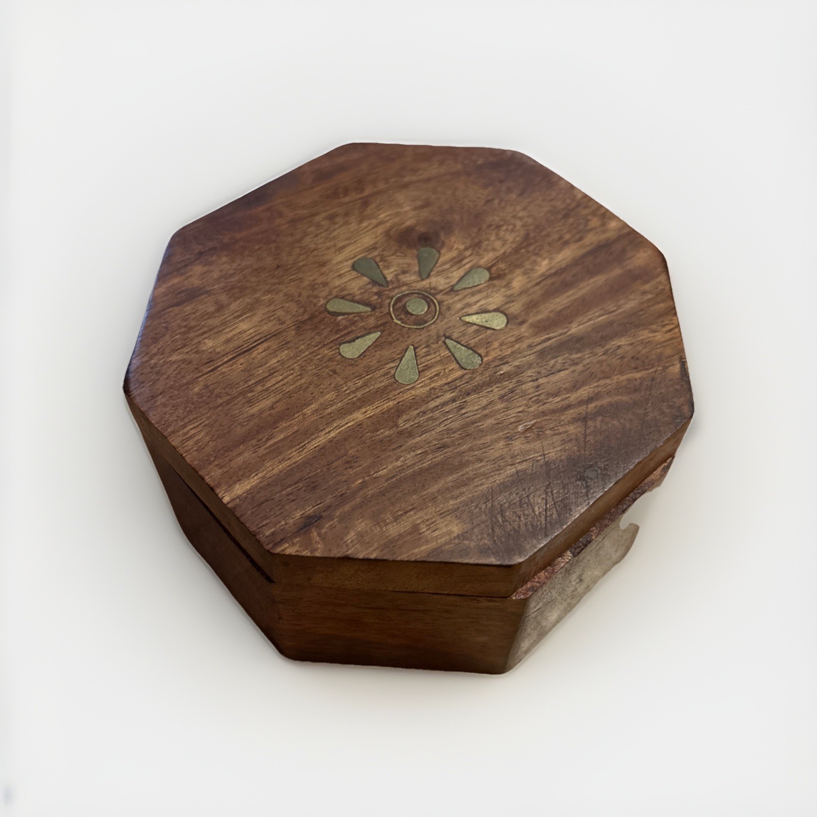 VTG Octagon Heavy Solid Wood Brass Inlay Lidded Trinket Jewelry Box