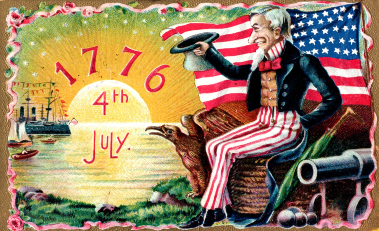 Uncle Sam Battleship July 4th Independence Day Patriotic Postcard Vintage