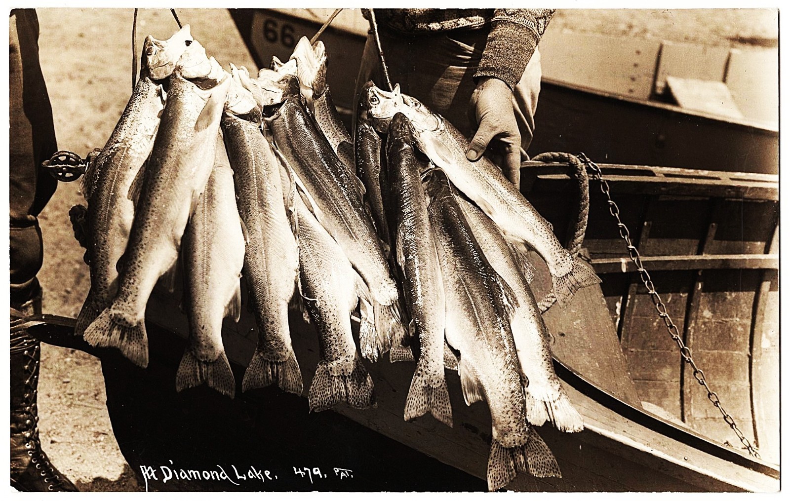 real photo Diamond Lake OR – Fish Fishing Boat 1930s postcard RPPC