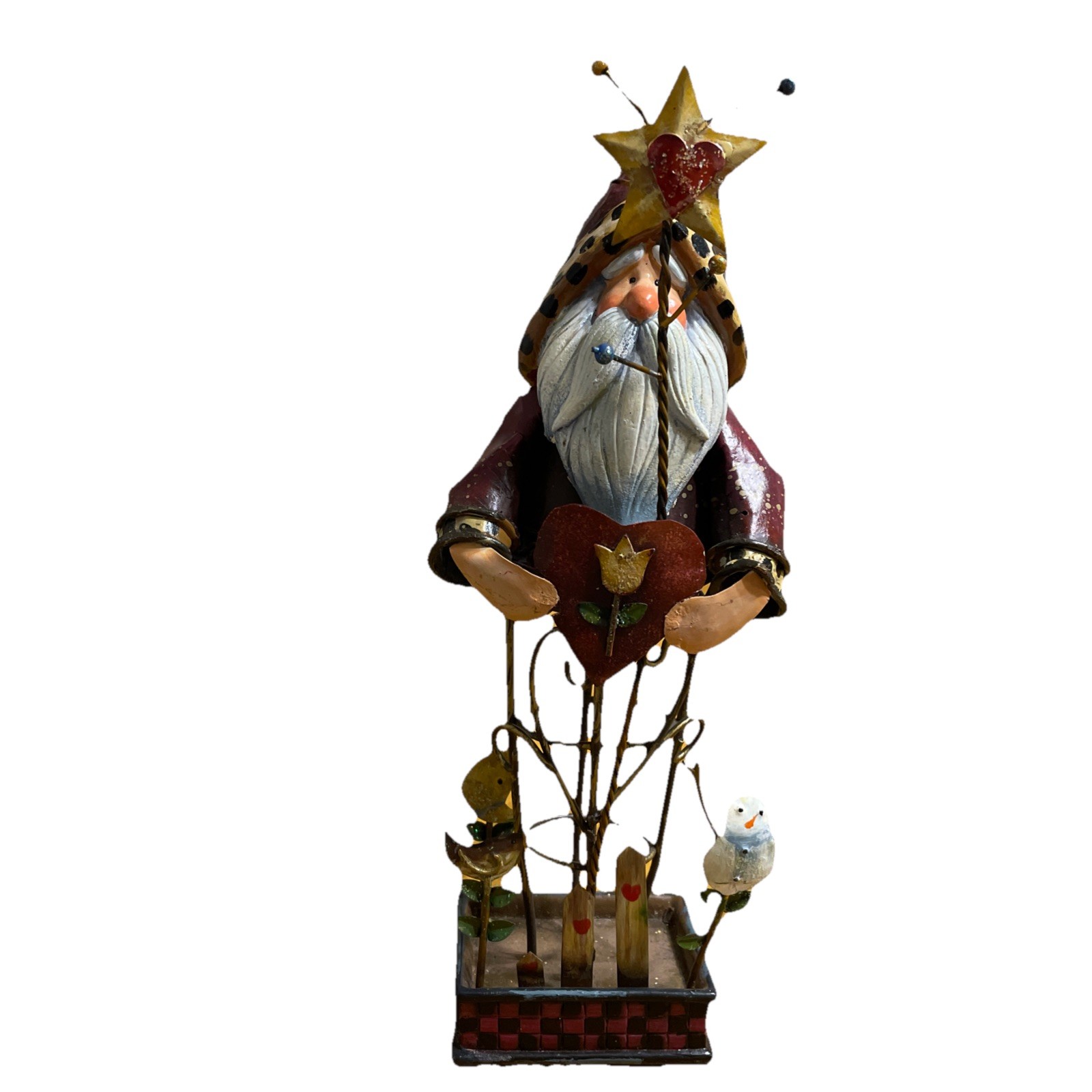 Whimsical Old Work Santa Claus Figure Metal Folk Art Bird Hearts Star 10.5 in