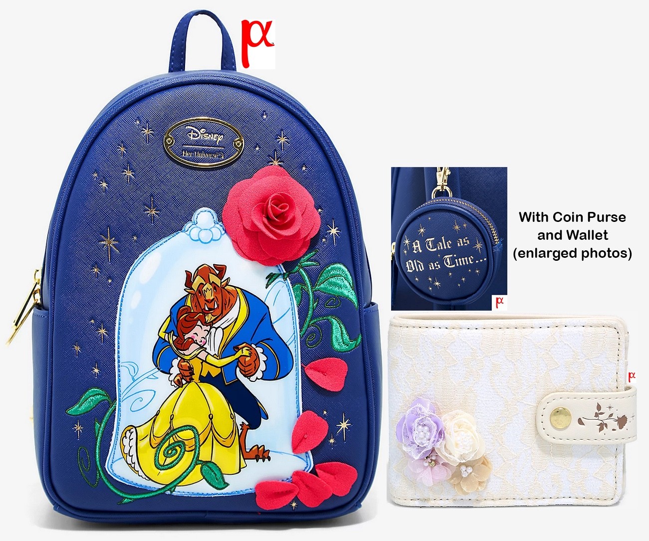 Disney Beauty and the Beast Belle Rose Backpack & Loungefly Wallet Exclusive