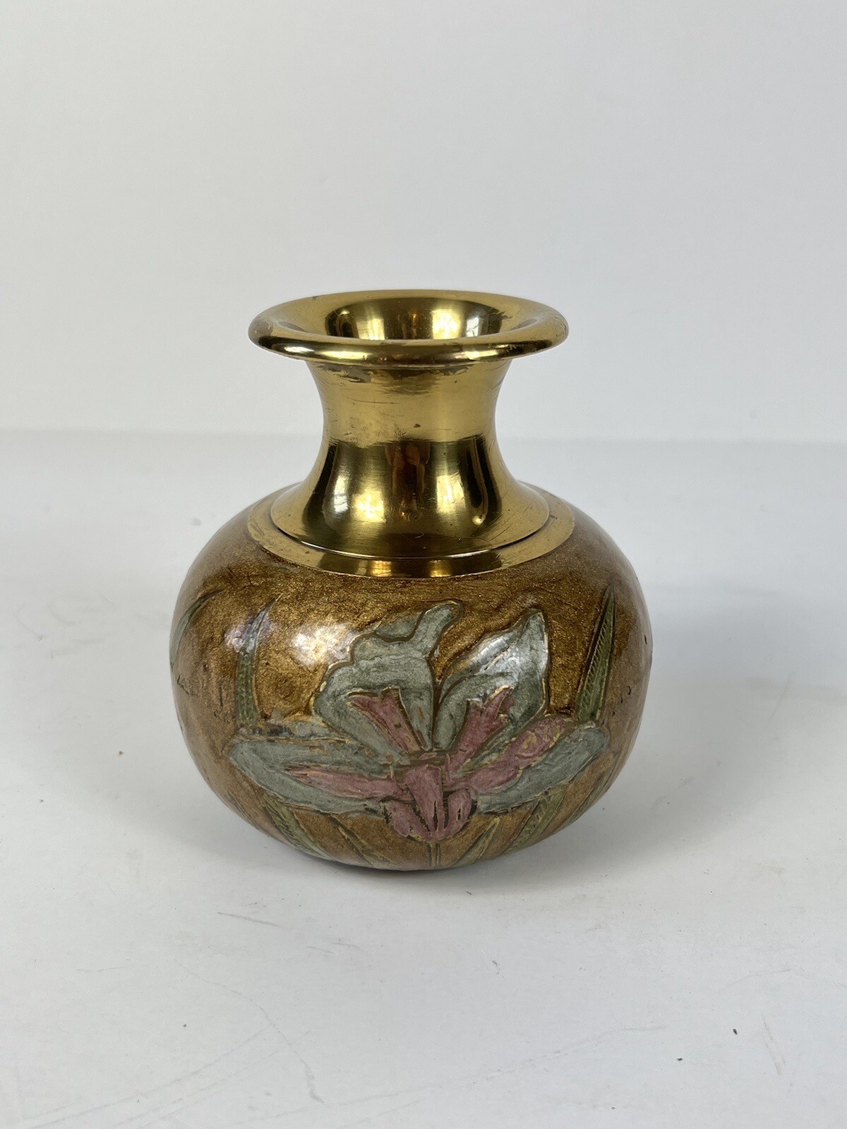 Beautifully Hand-painted Vintage Enamel Over Brass, 5 In Tall Floral Vase