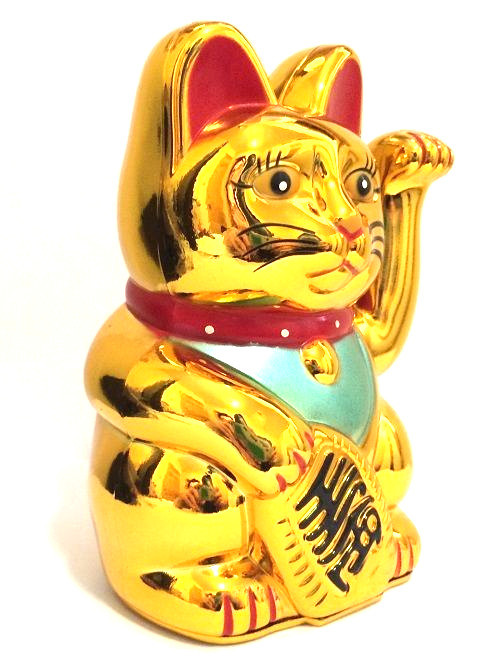 LARGE Feng Shui GOLD BECKONING CAT Wealth Lucky Waving Kitty Maneki Neko 6″ Tall