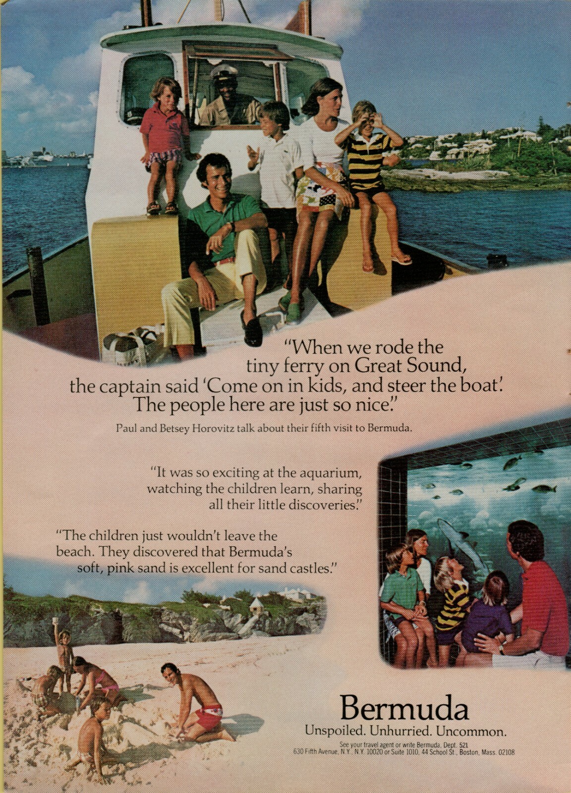 1977 Bermuda Tourism Family Boat Sandcastle Aquarium Vacation Vintage Print Ad