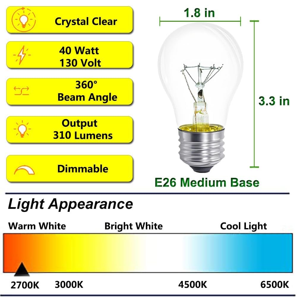 Lava Lamp Bulb 40W E26 Medium A15 Base (4 Pack), 2700k Warm White